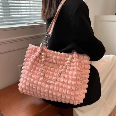 Large Capacity Soft Cloth Pearl Chain Shoulder Bag